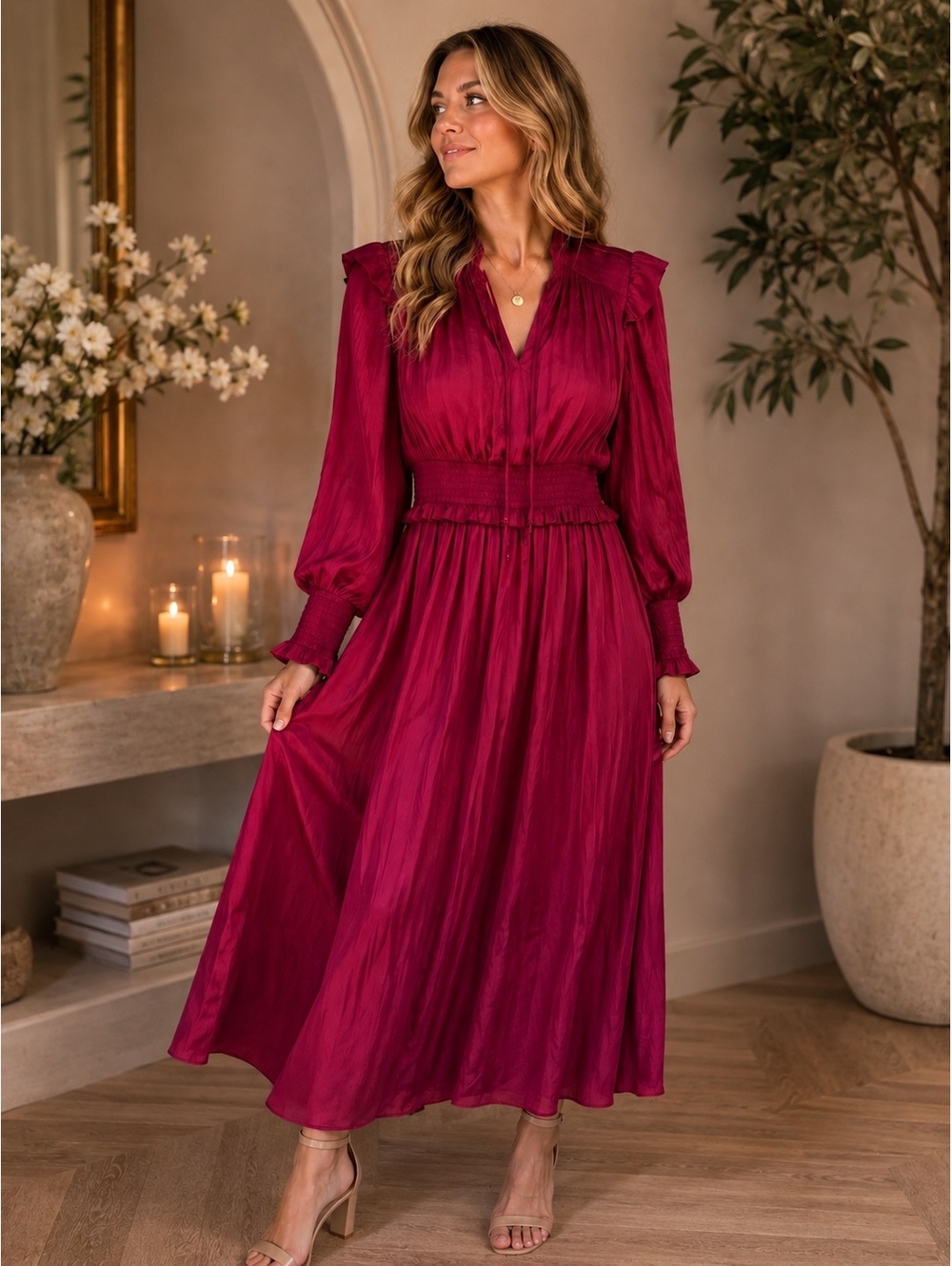 NWT Scotch & Soda Amsterdam Smocked Satin Midi Dress XS Burgundy Ruffle Sleeve